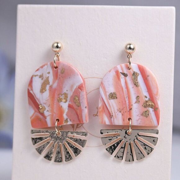 Cotton Candy Pink Marbled Gold Abstract Mixed Media Drop Earrings - Picture 5 of 6